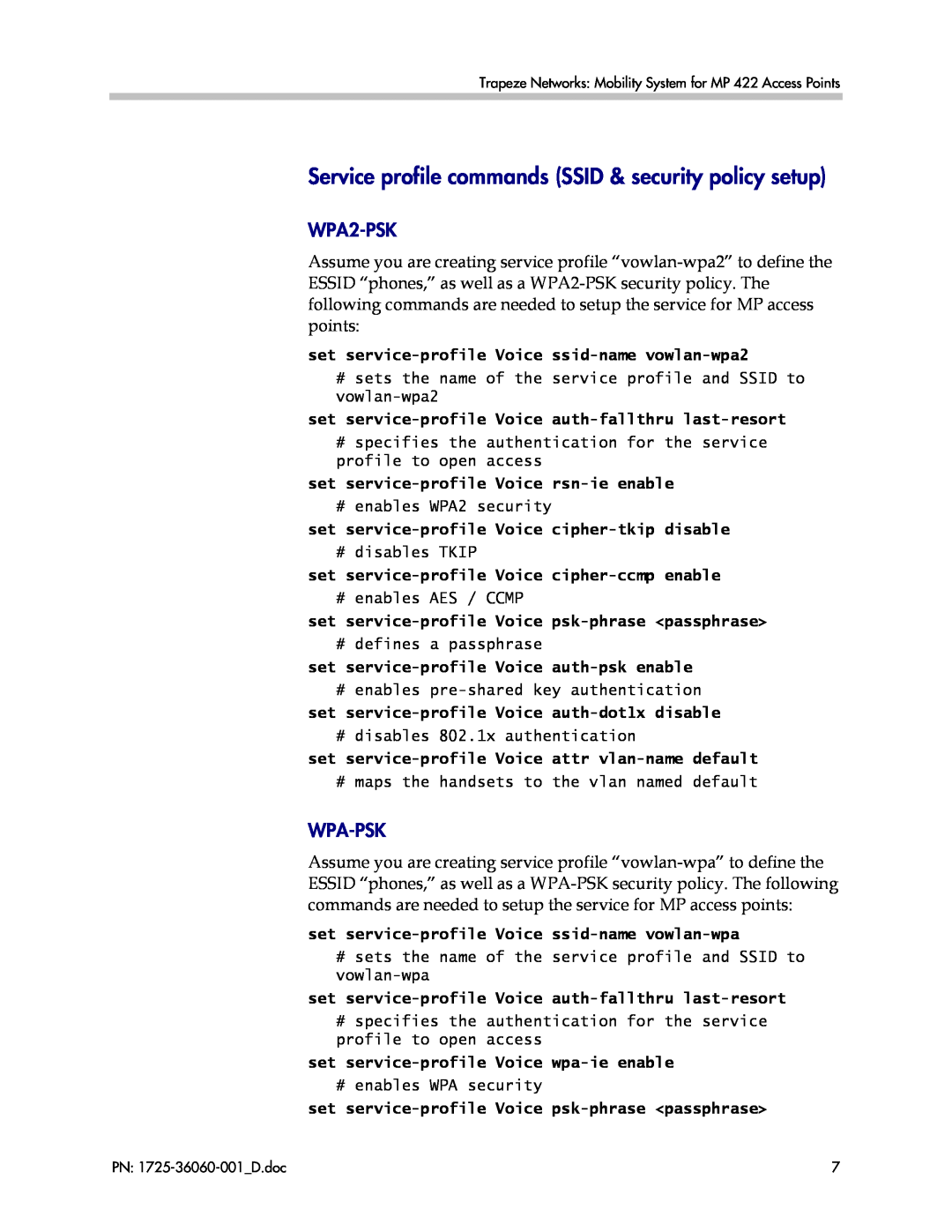 Polycom 1725-36060-001 manual Service profile commands SSID & security policy setup, WPA2-PSK, Wpa-Psk 