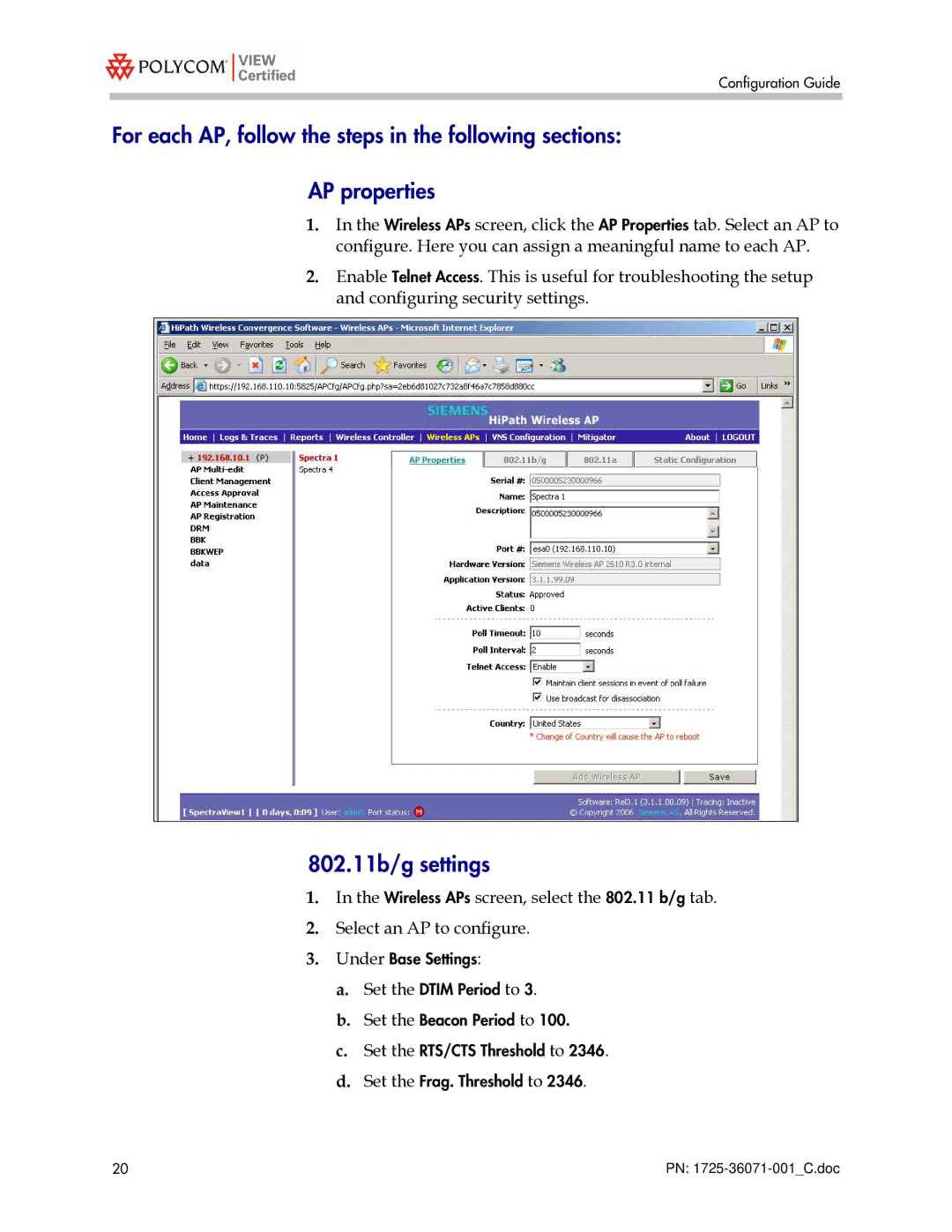 Polycom 1725-36071-001 manual 802.11b/g settings 