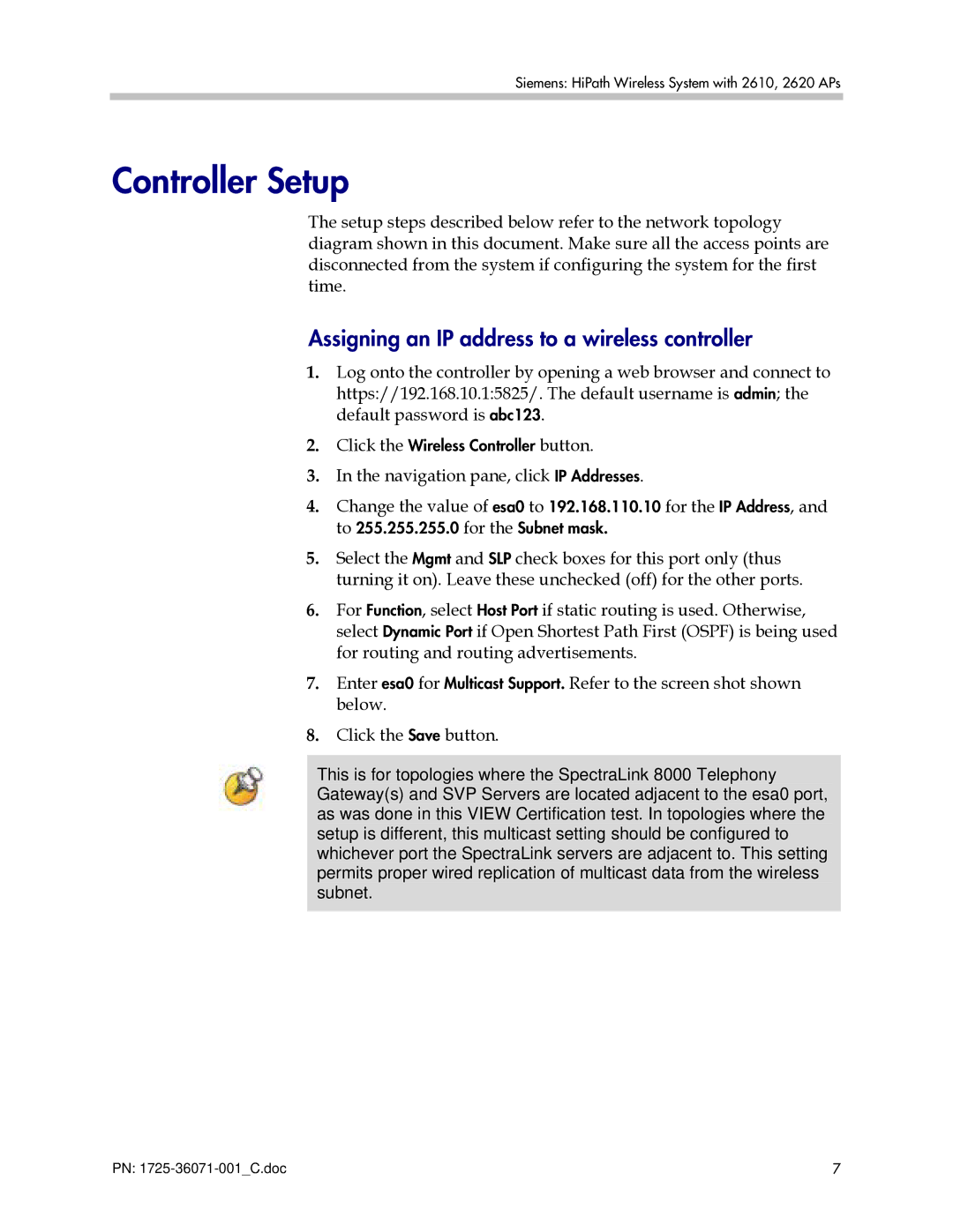 Polycom 1725-36071-001 manual Controller Setup, Assigning an IP address to a wireless controller 