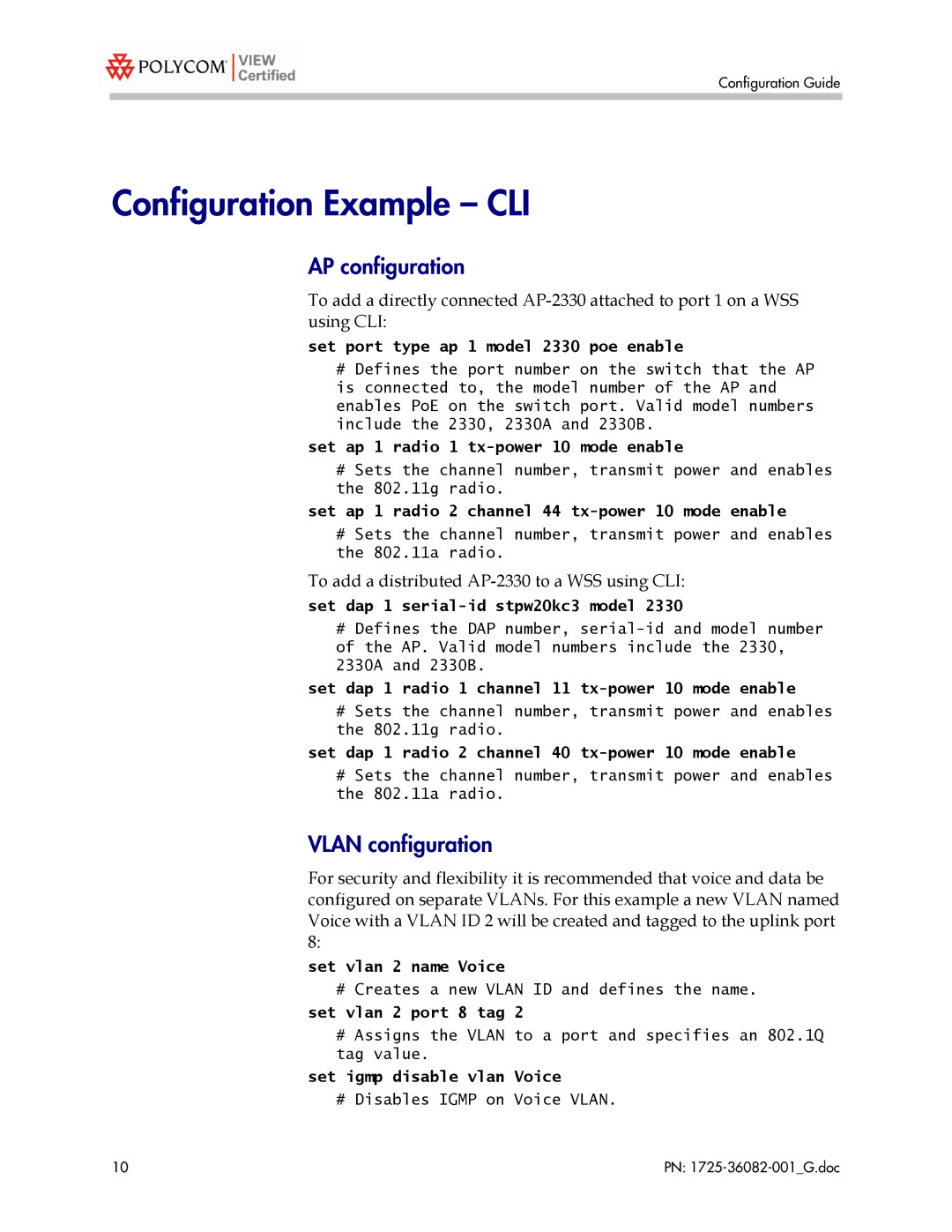 Polycom 1725-36082-001 manual Configuration Example CLI, AP configuration, Vlan configuration 