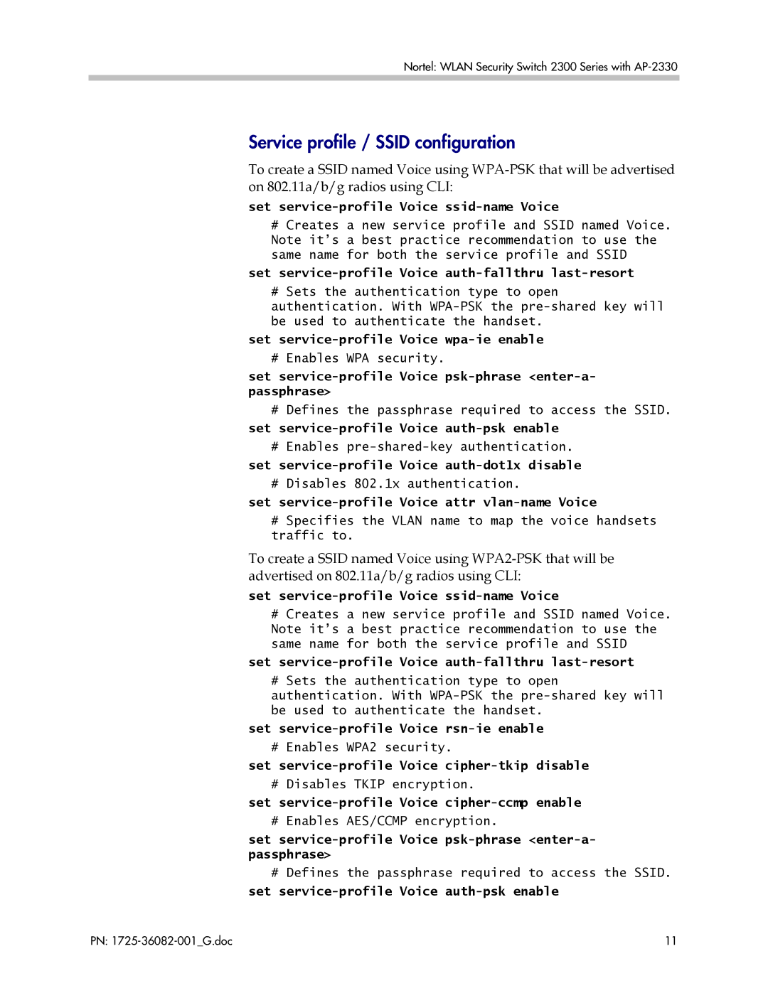 Polycom 1725-36082-001 manual Service profile / Ssid configuration, Set service-profile Voice ssid-name Voice 