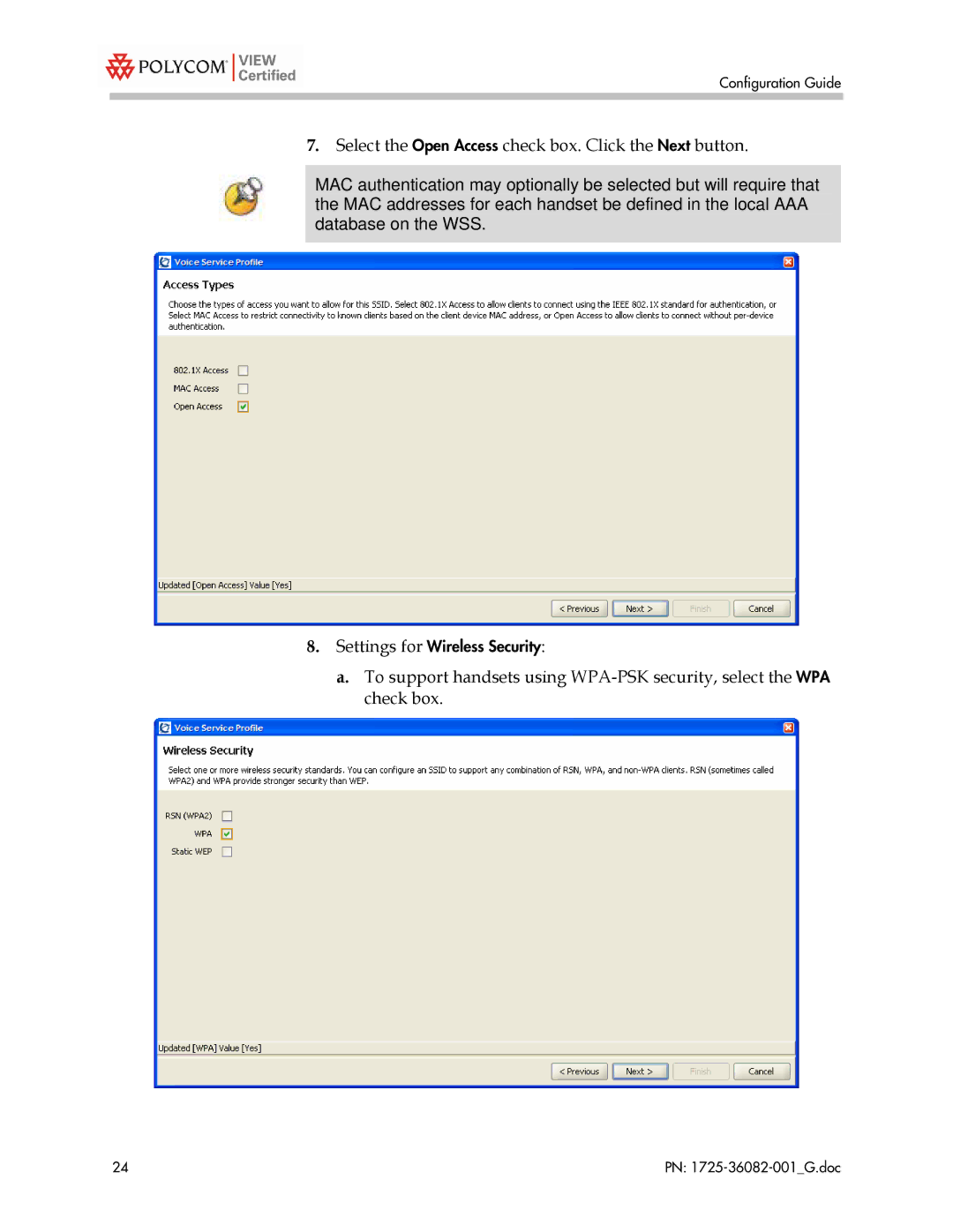 Polycom 1725-36082-001 manual Select the Open Access check box. Click the Next button 