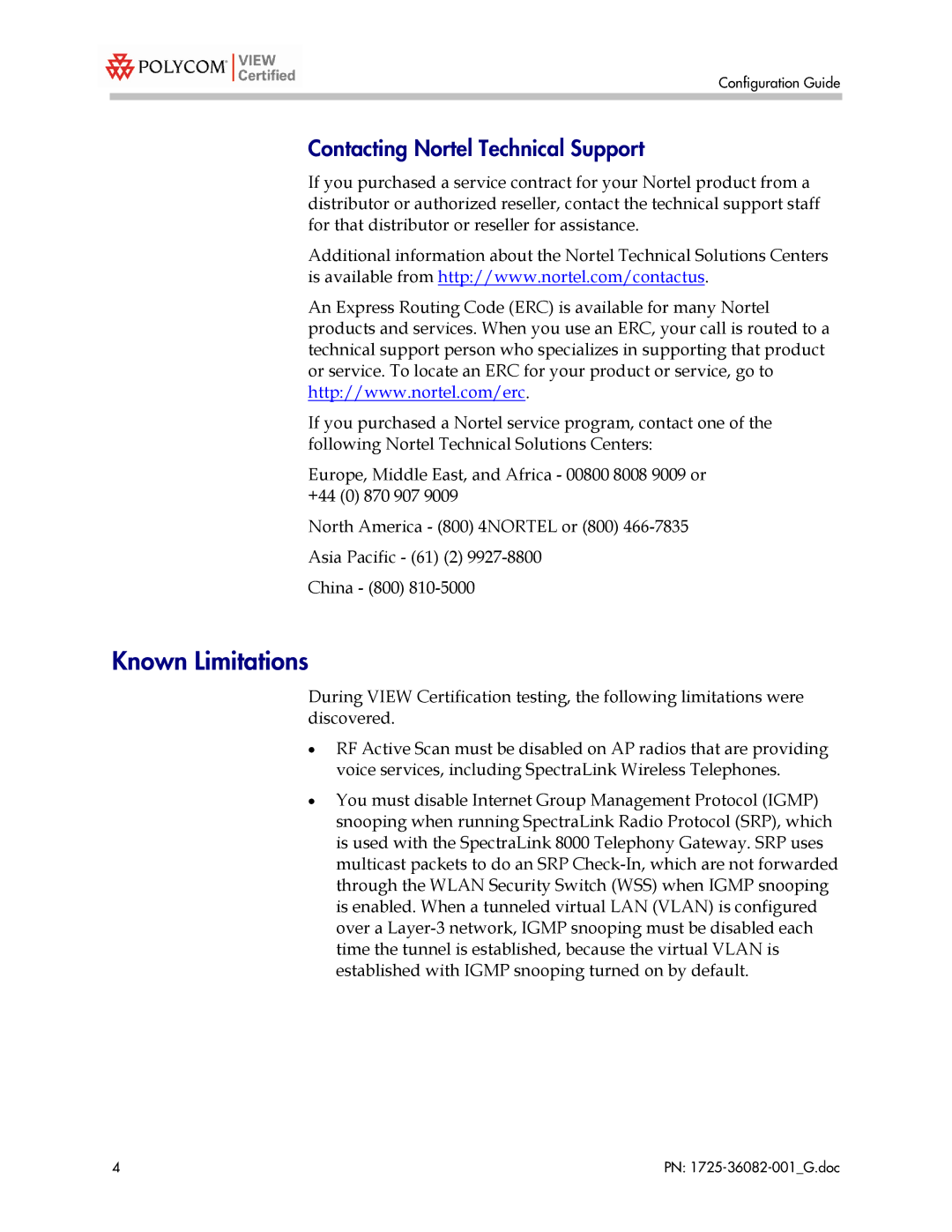 Polycom 1725-36082-001 manual Known Limitations, Contacting Nortel Technical Support 