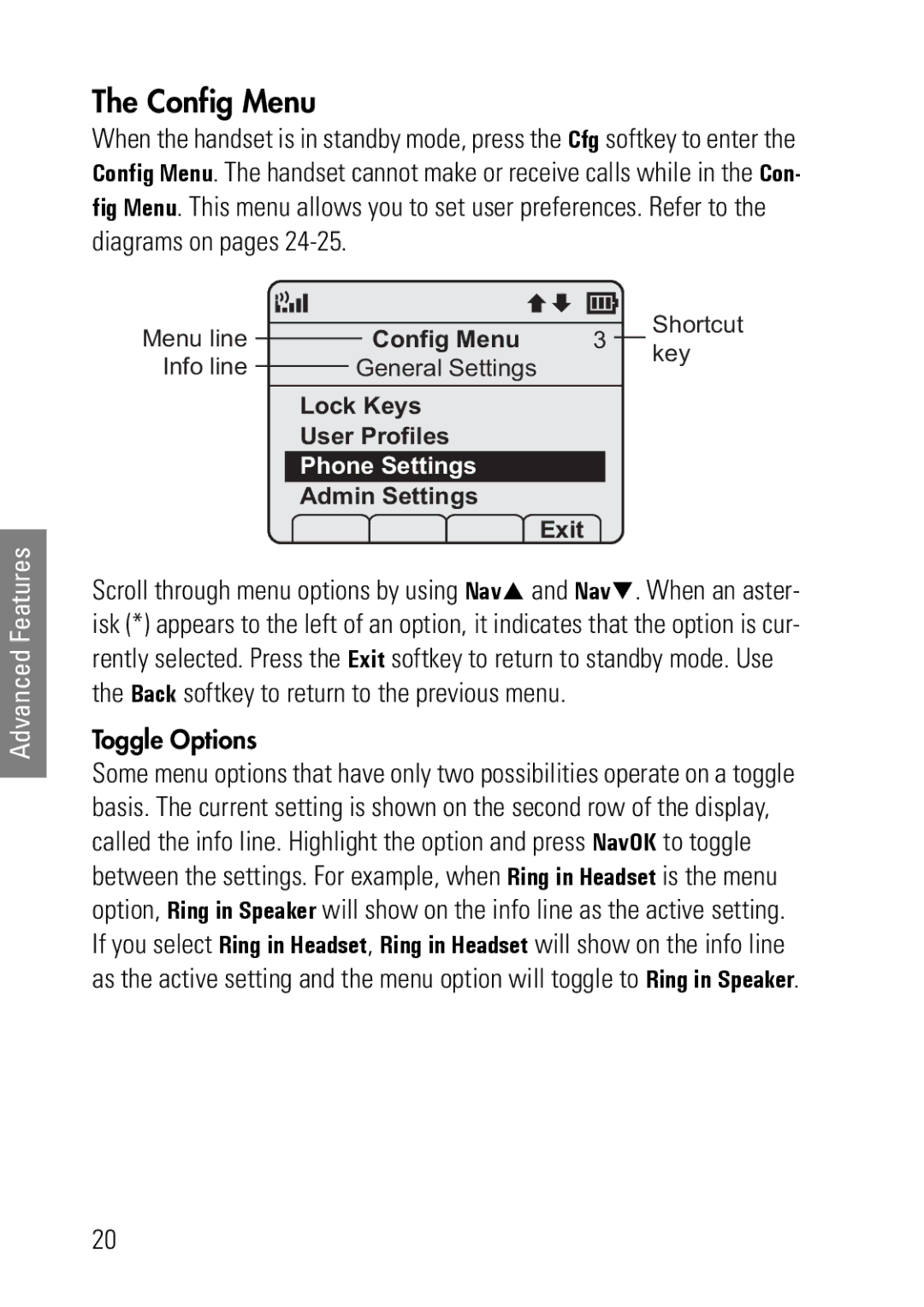 Polycom 1725-36092-001 manual Config Menu, Toggle Options 