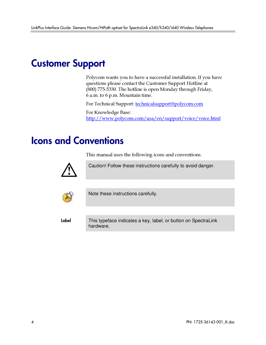 Polycom 1725-36143-001 manual Customer Support, Icons and Conventions 