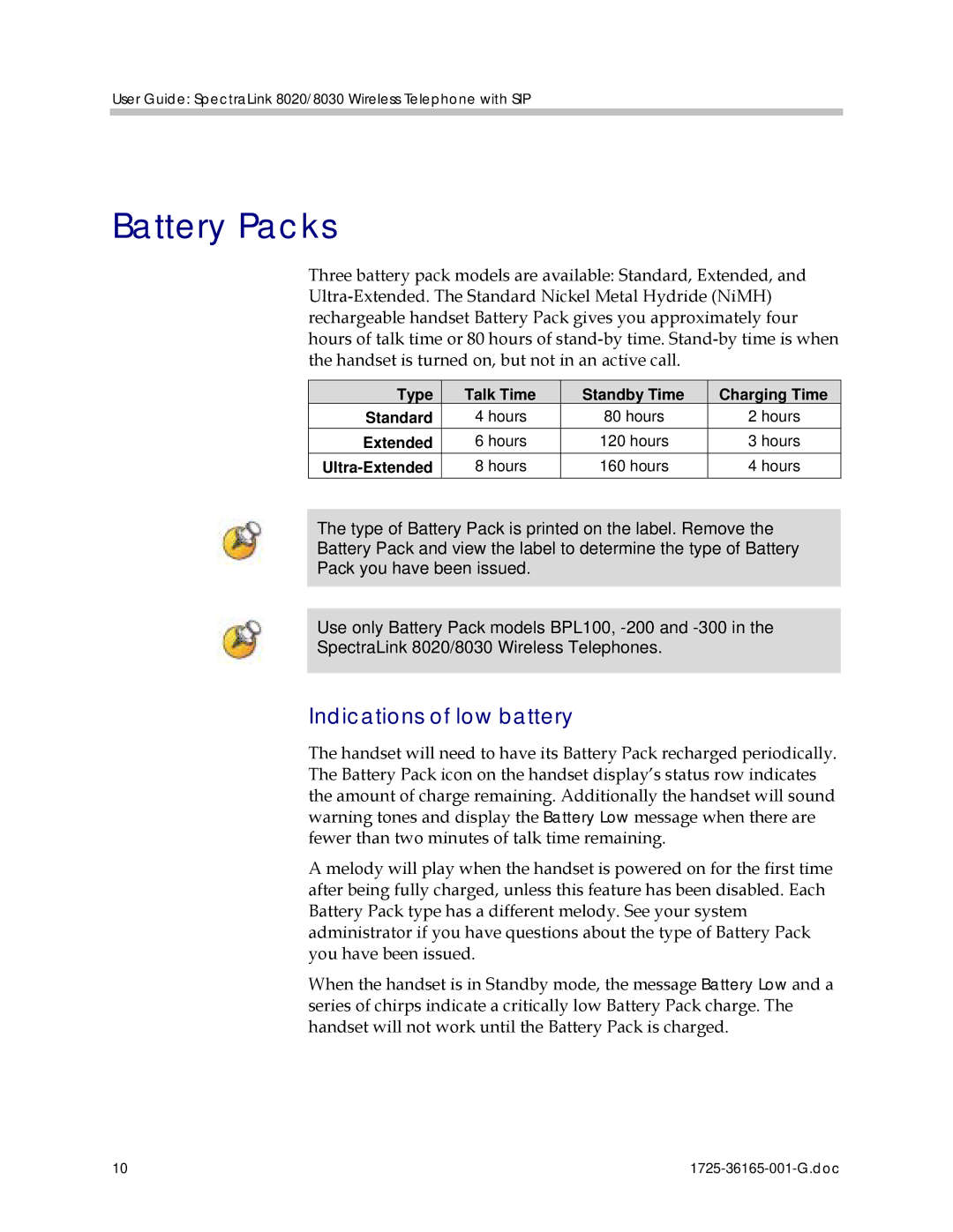 Polycom 1725-36165-001 manual Battery Packs, Indications of low battery 