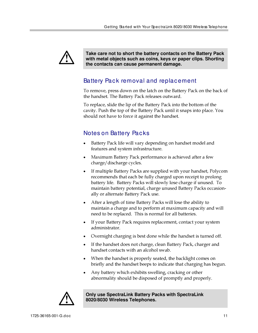 Polycom 1725-36165-001 manual Battery Pack removal and replacement 