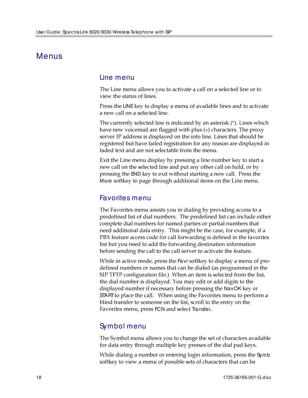 Polycom 1725-36165-001 manual Menus, Line menu, Favorites menu, Symbol menu 