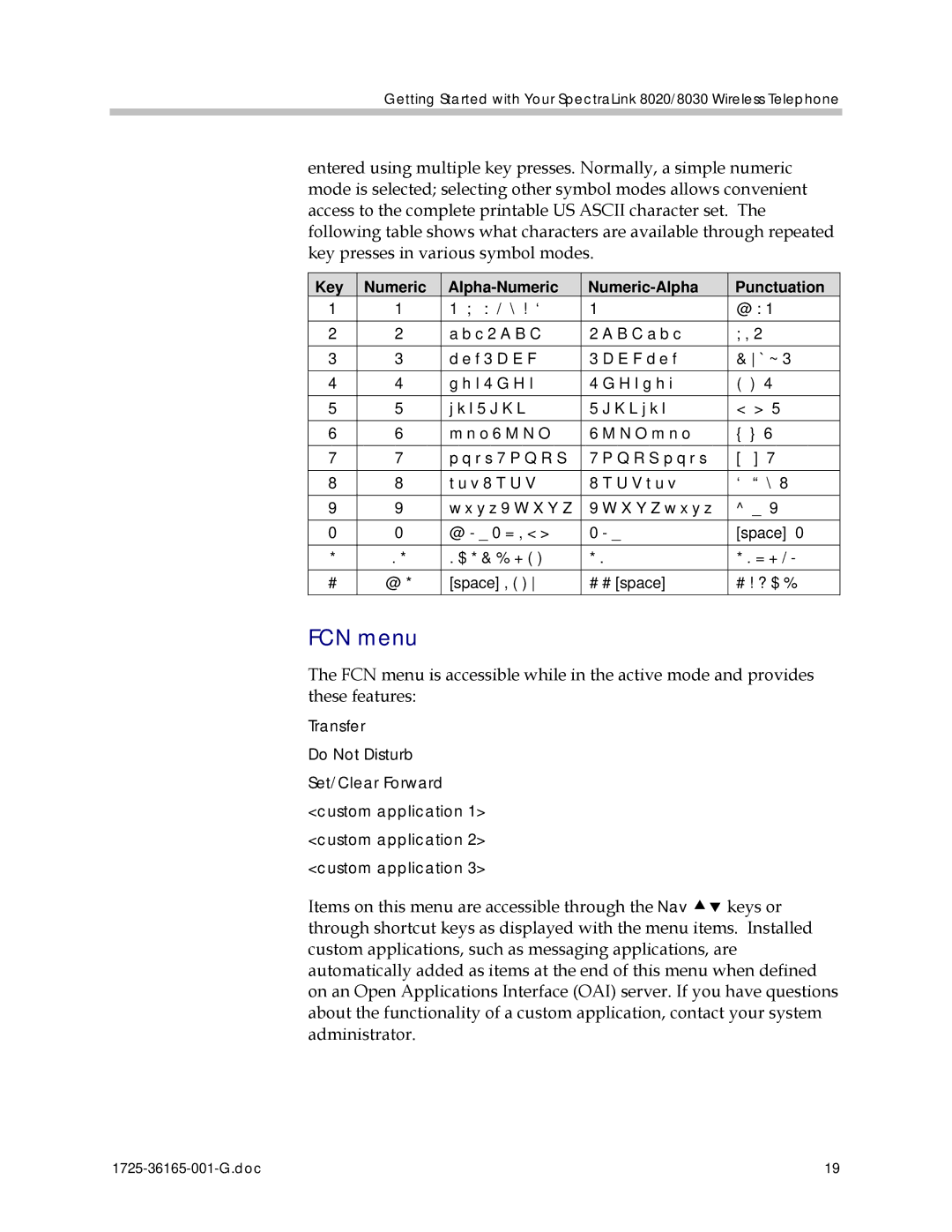 Polycom 1725-36165-001 manual FCN menu, Key Numeric Alpha-Numeric Numeric-Alpha Punctuation 