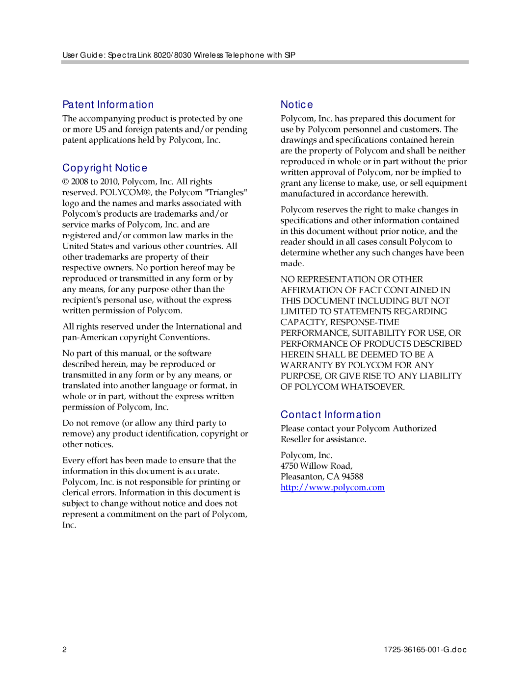 Polycom 1725-36165-001 manual Patent Information 