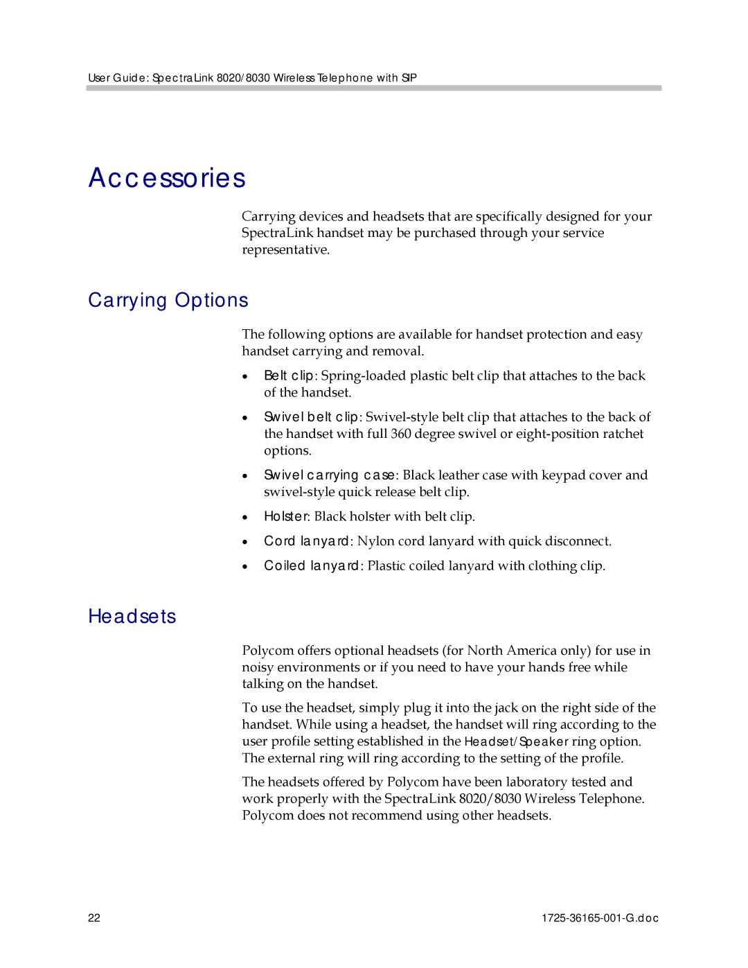 Polycom 1725-36165-001 manual Accessories, Carrying Options, Headsets 