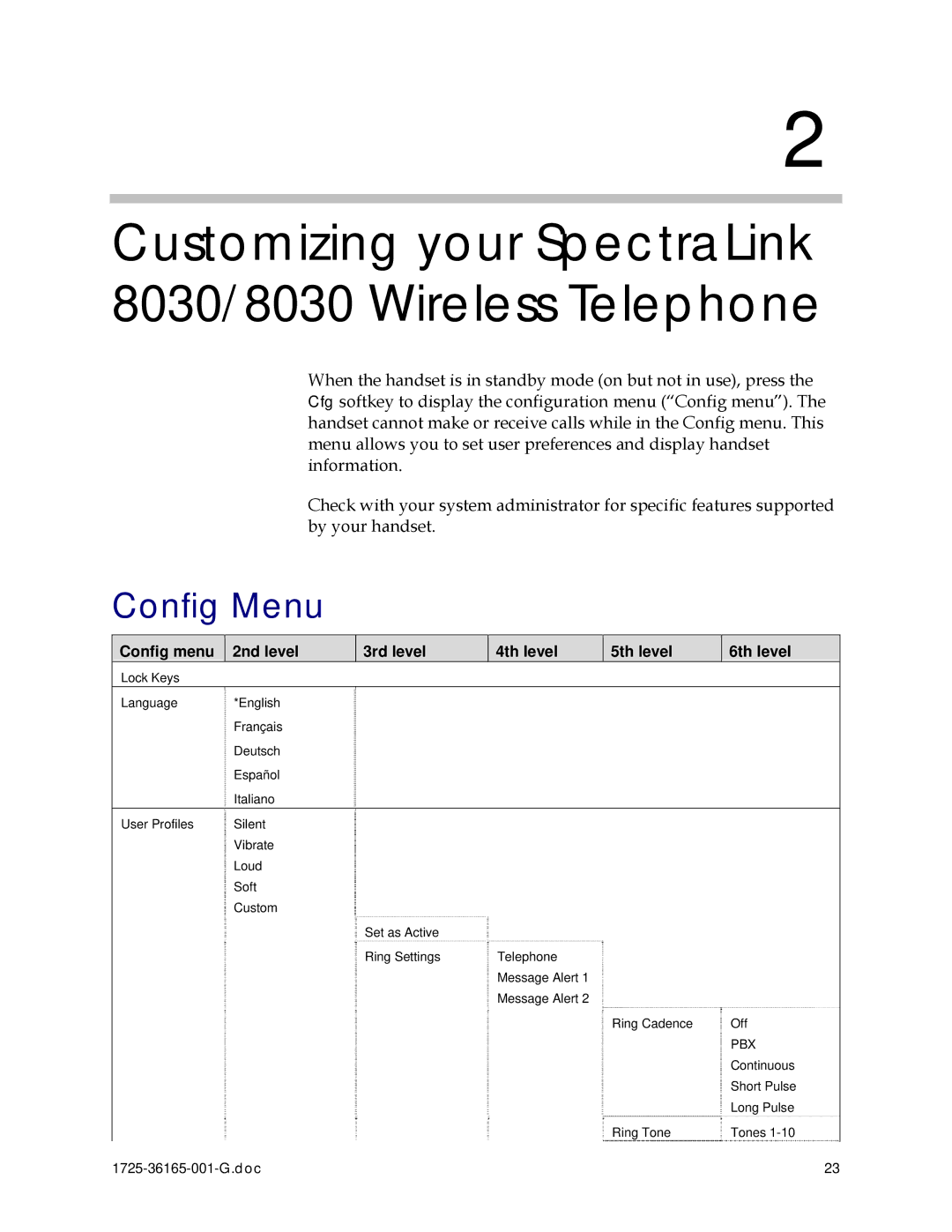 Polycom 1725-36165-001 manual Customizing your SpectraLink 8030/8030 Wireless Telephone, Config Menu 