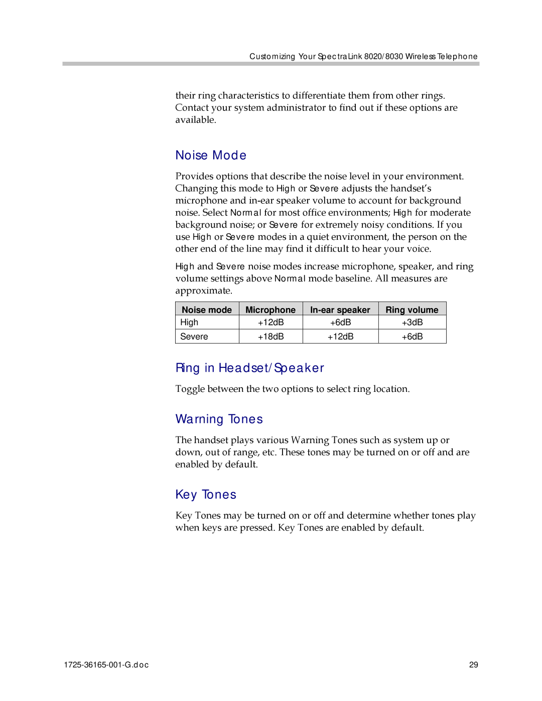 Polycom 1725-36165-001 manual Noise Mode, Ring in Headset/Speaker, Key Tones 