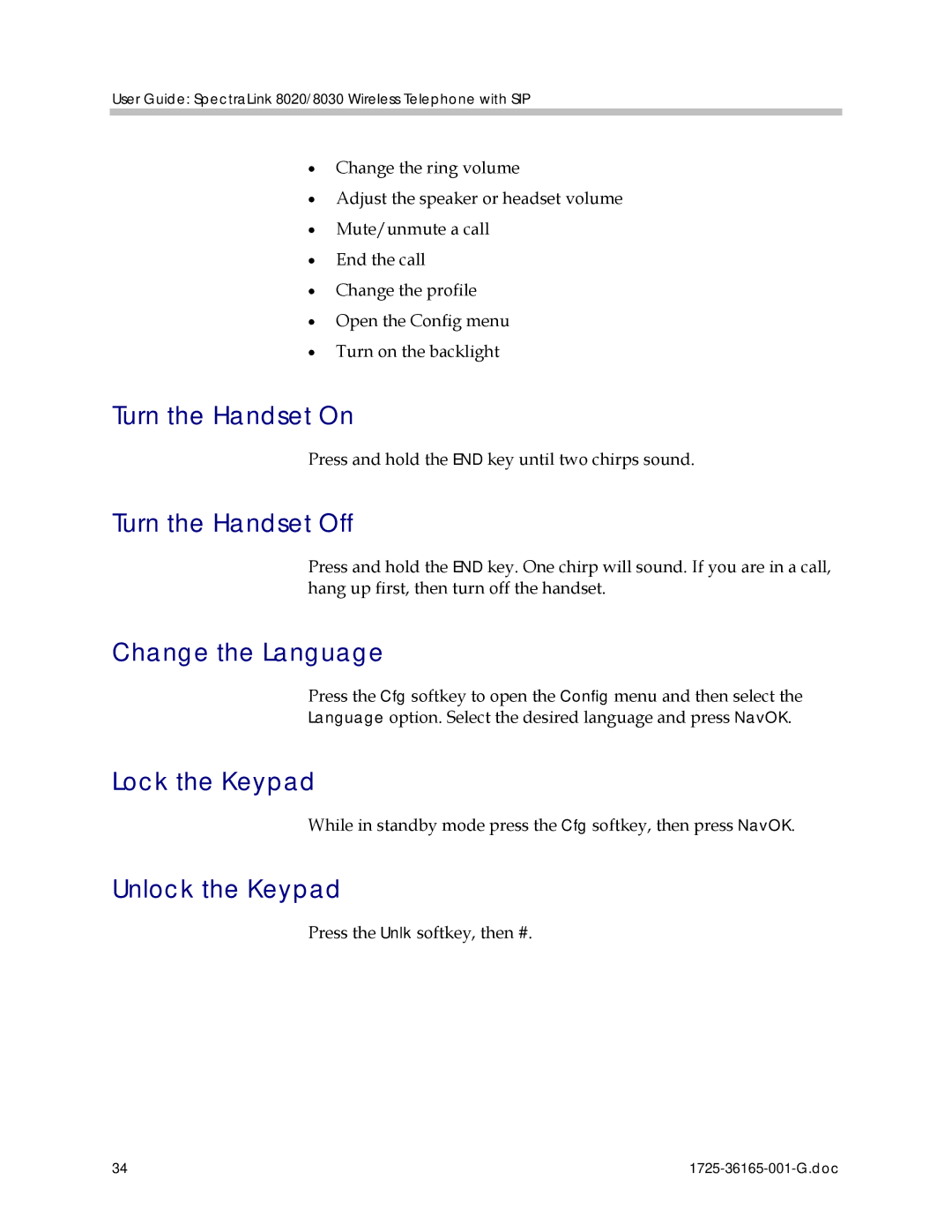 Polycom 1725-36165-001 Turn the Handset On, Turn the Handset Off, Change the Language, Lock the Keypad, Unlock the Keypad 