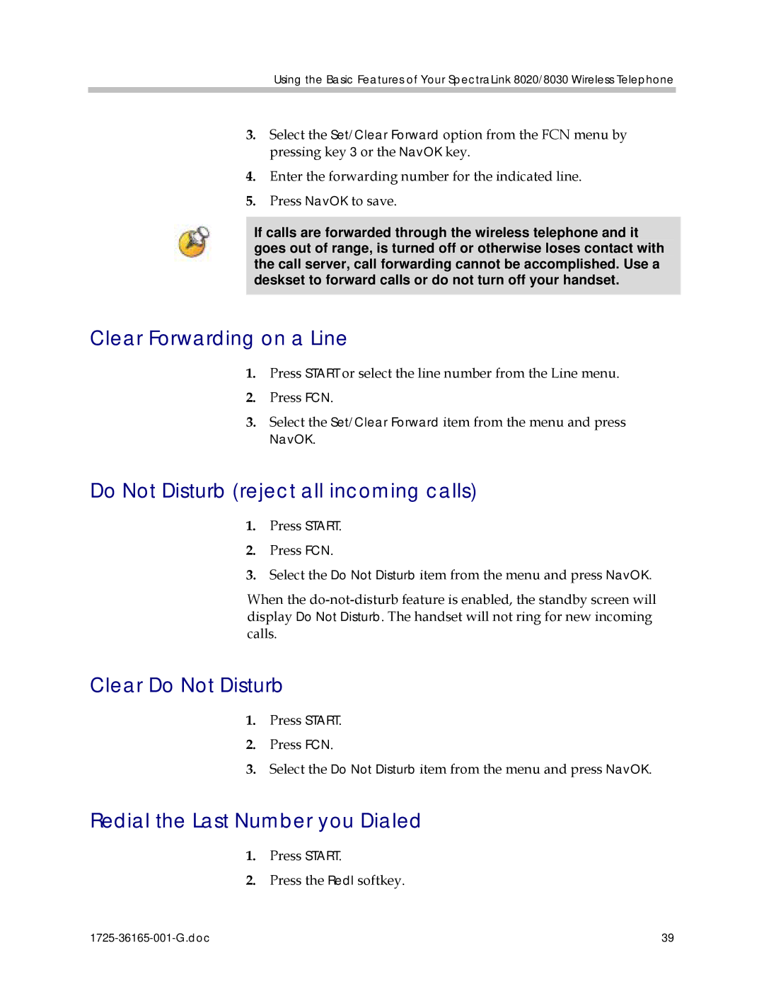 Polycom 1725-36165-001 manual Clear Forwarding on a Line, Do Not Disturb reject all incoming calls, Clear Do Not Disturb 