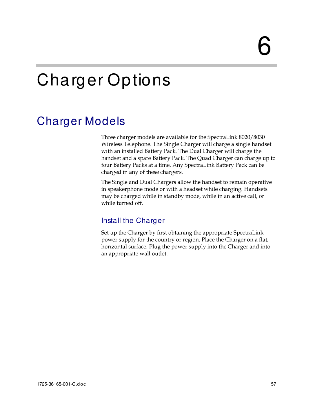 Polycom 1725-36165-001 manual Charger Models, Install the Charger 