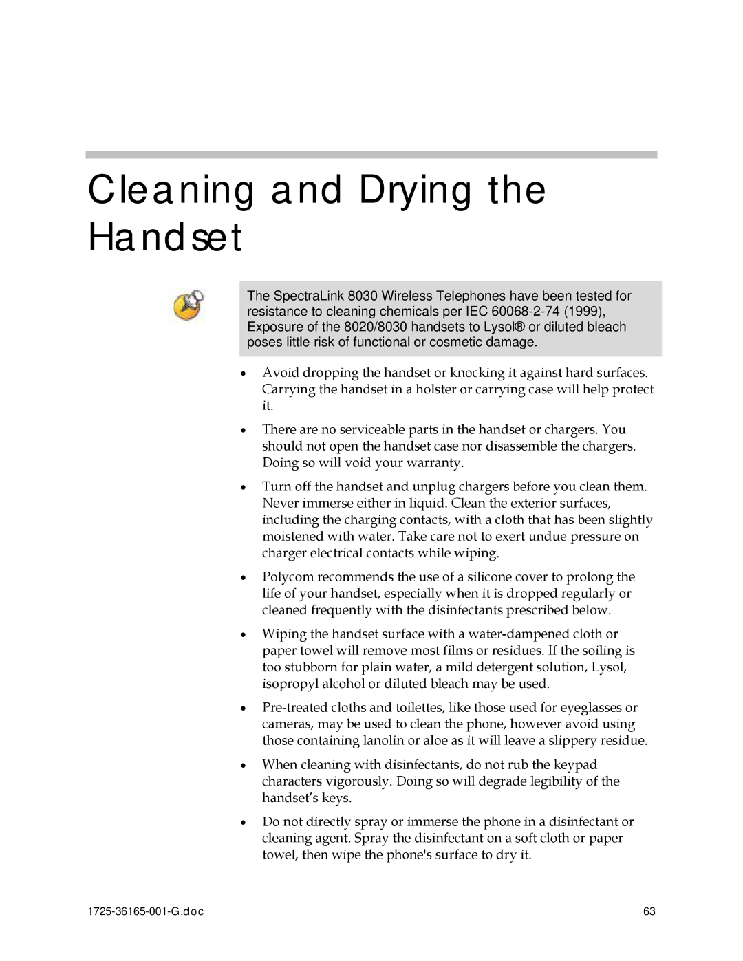 Polycom 1725-36165-001 manual Cleaning and Drying the Handset 