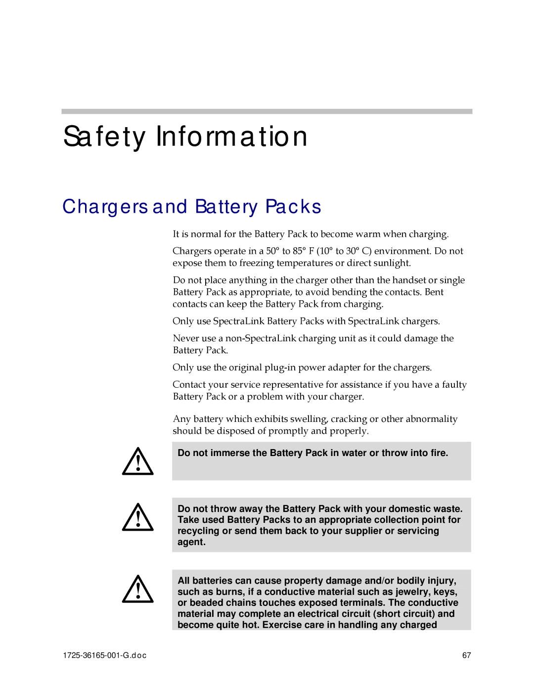 Polycom 1725-36165-001 manual Safety Information, Chargers and Battery Packs 