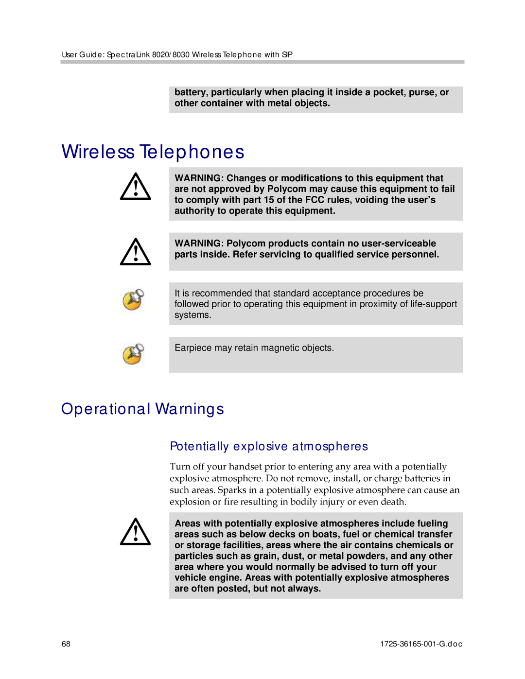 Polycom 1725-36165-001 manual Wireless Telephones, Potentially explosive atmospheres 