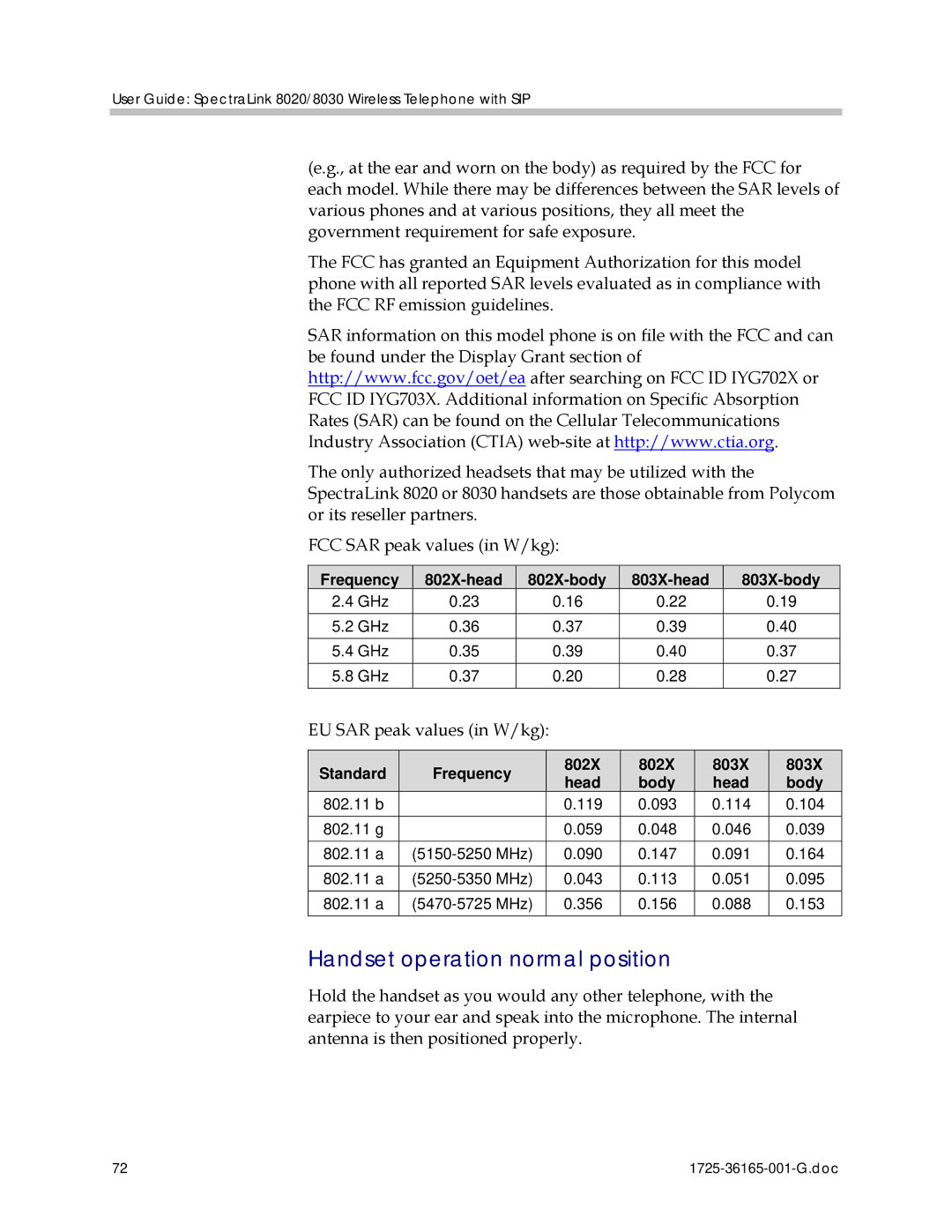 Polycom 1725-36165-001 manual Handset operation normal position, EU SAR peak values in W/kg 