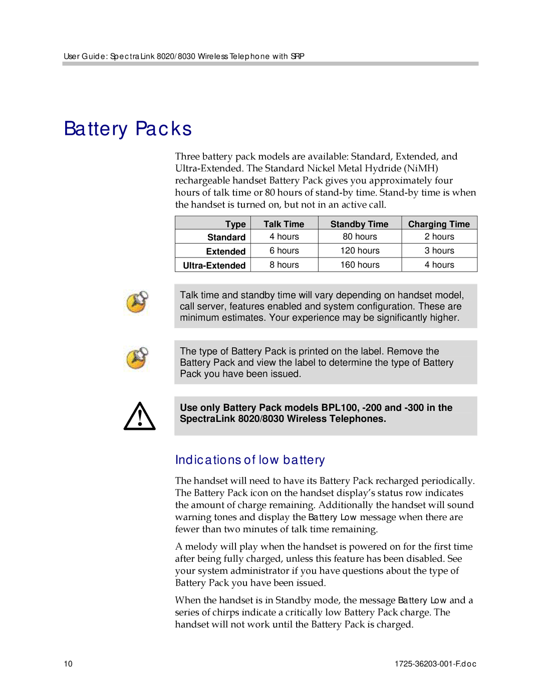 Polycom 1725-36203-001 manual Battery Packs, Indications of low battery 