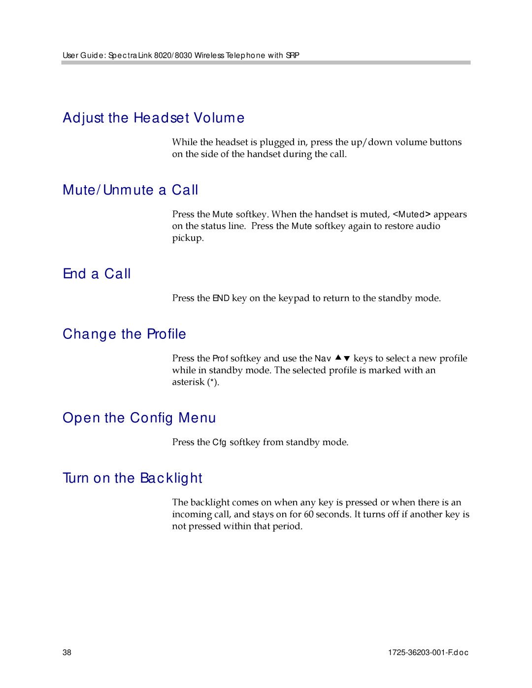 Polycom 1725-36203-001 Adjust the Headset Volume, Mute/Unmute a Call, End a Call, Change the Profile, Open the Config Menu 