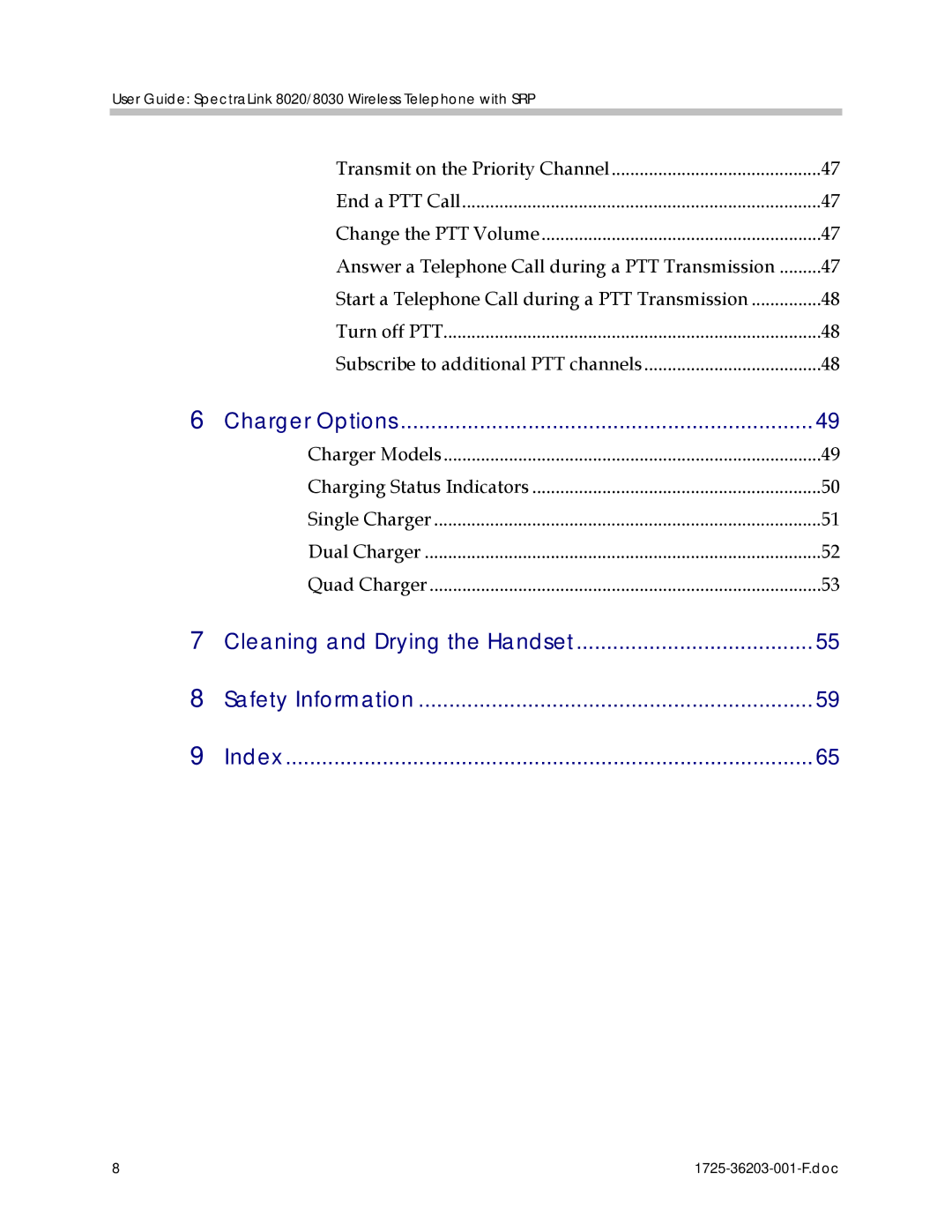 Polycom 1725-36203-001 manual Charger Options, Cleaning and Drying the Handset Safety Information Index 