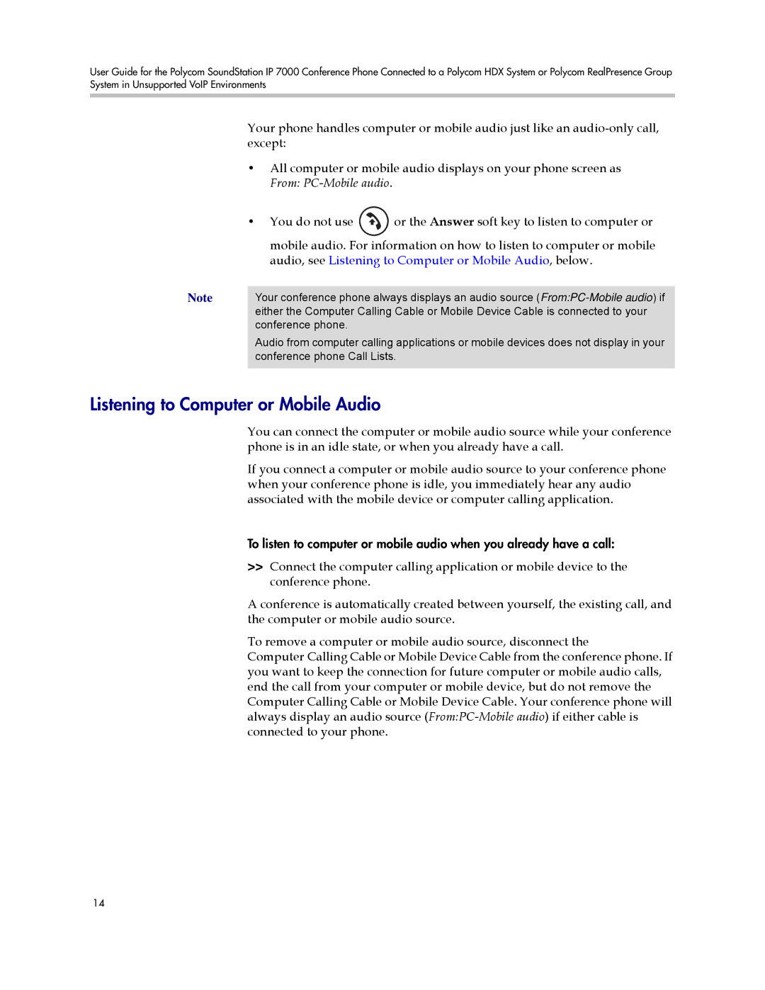 Polycom 1725-40120-001 manual Audio, see Listening to Computer or Mobile Audio , below 