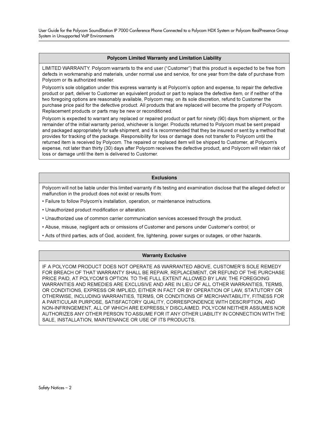 Polycom 1725-40120-001 manual Polycom Limited Warranty and Limitation Liability, Exclusions, Warranty Exclusive 