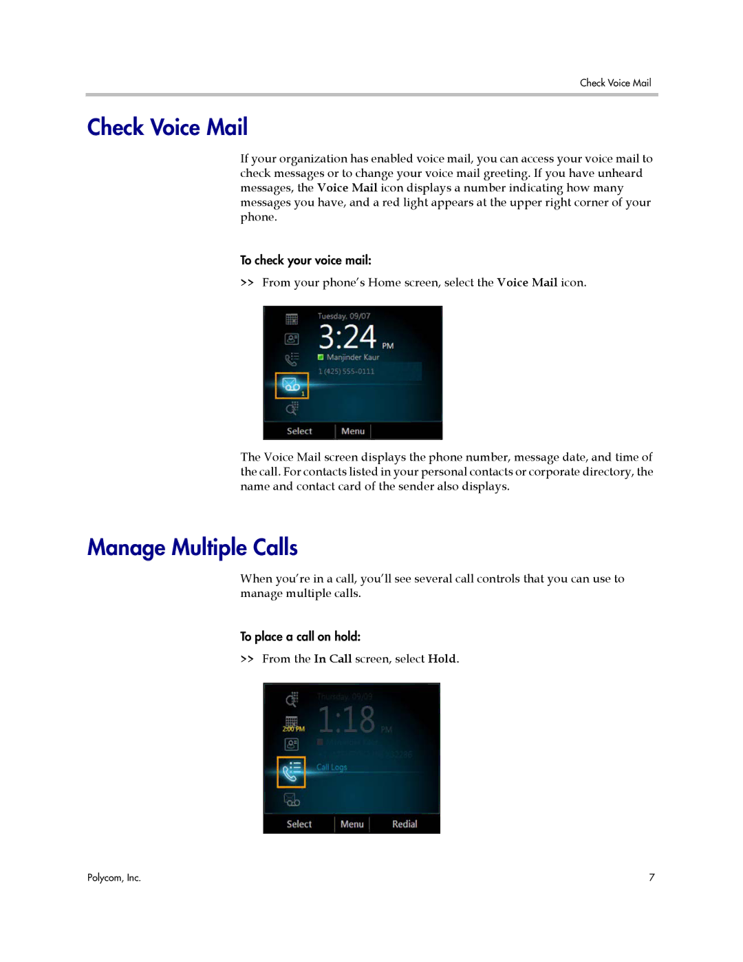 Polycom 1725-44328-001 manual Check Voice Mail, Manage Multiple Calls 