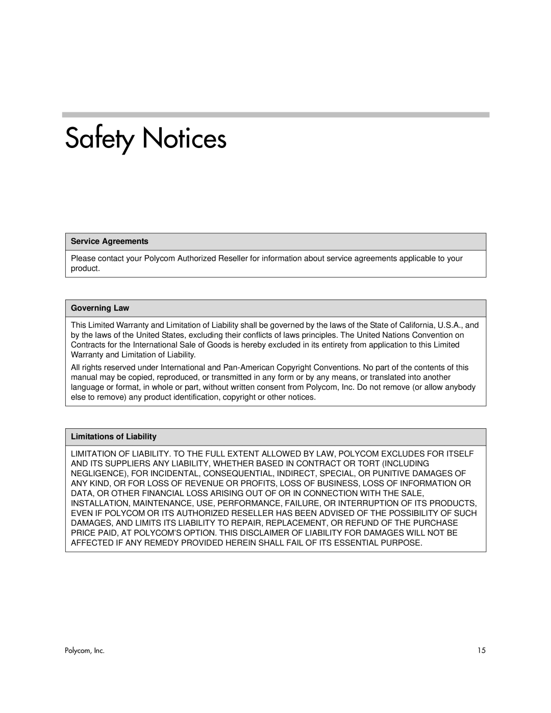 Polycom 1725-44328-001 manual Service Agreements, Governing Law, Limitations of Liability 