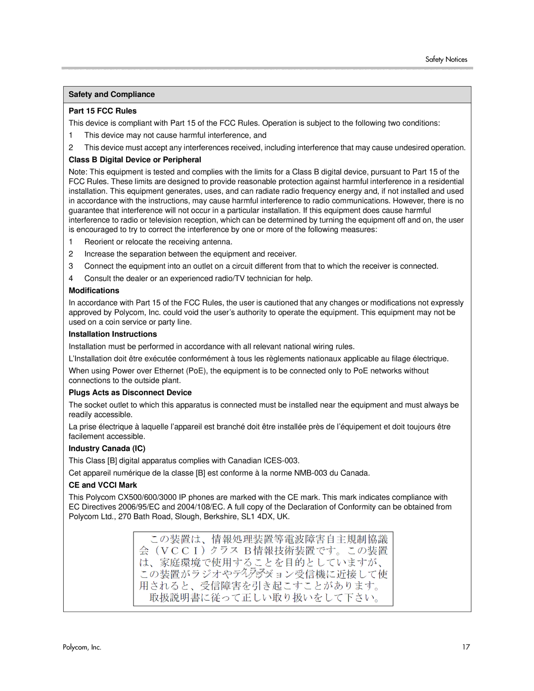 Polycom 1725-44328-001 manual Safety and Compliance Part 15 FCC Rules, Class B Digital Device or Peripheral, Modifications 