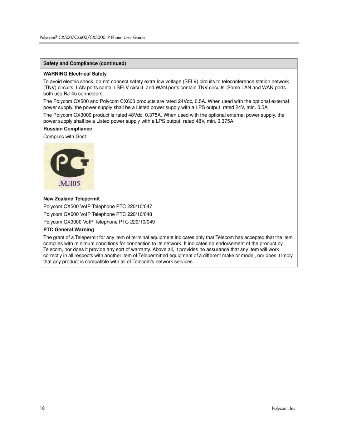 Polycom 1725-44328-001 manual Safety and Compliance, Russian Compliance, New Zealand Telepermit, PTC General Warning 