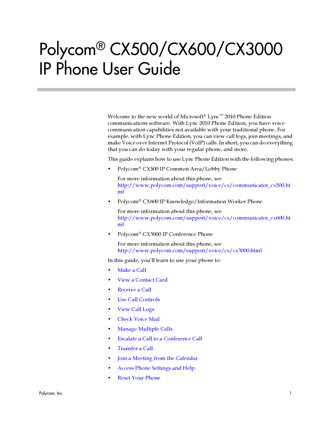 Polycom 1725-44328-001 manual Polycom CX500/CX600/CX3000 IP Phone User Guide 