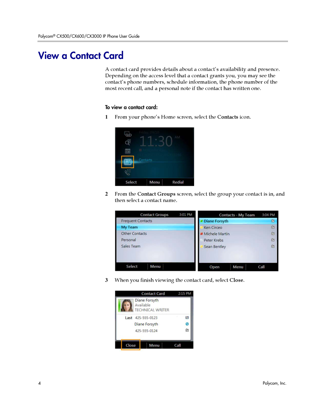 Polycom 1725-44328-001 manual View a Contact Card 