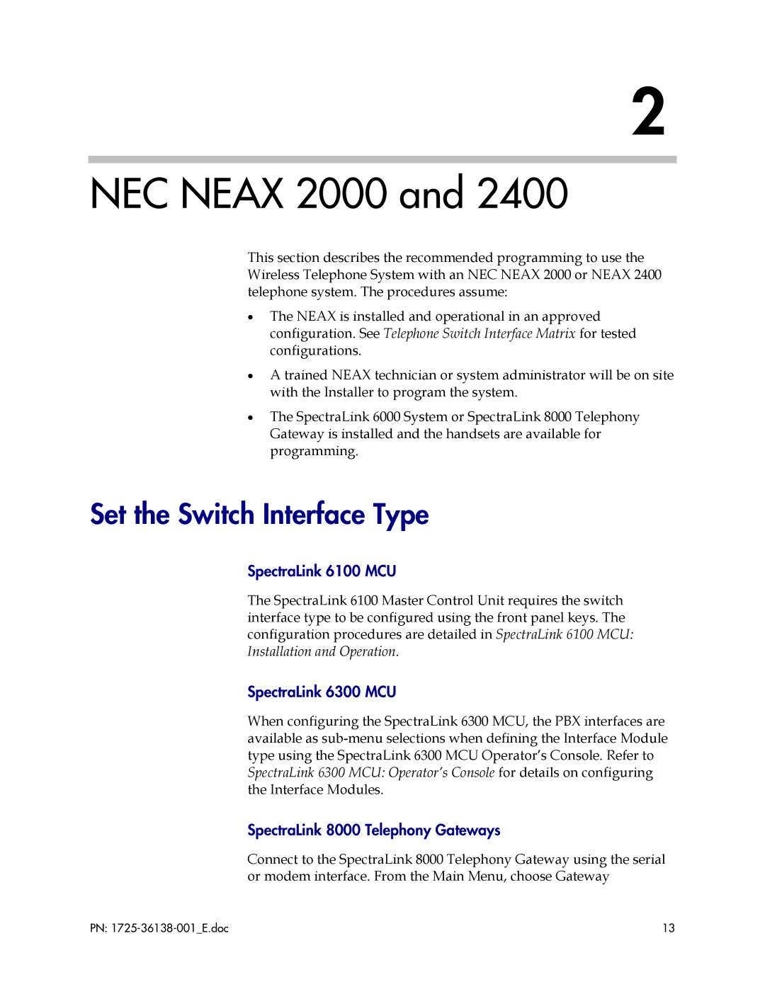 Polycom 2400 manual NEC Neax 2000, Set the Switch Interface Type 