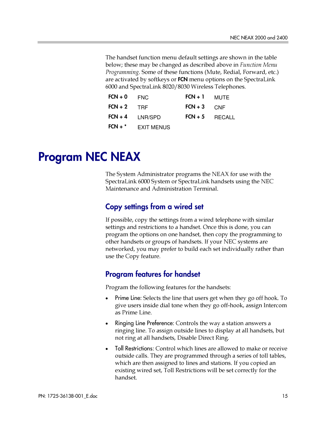 Polycom 2400, 2000 manual Program NEC Neax, Copy settings from a wired set, Program features for handset 