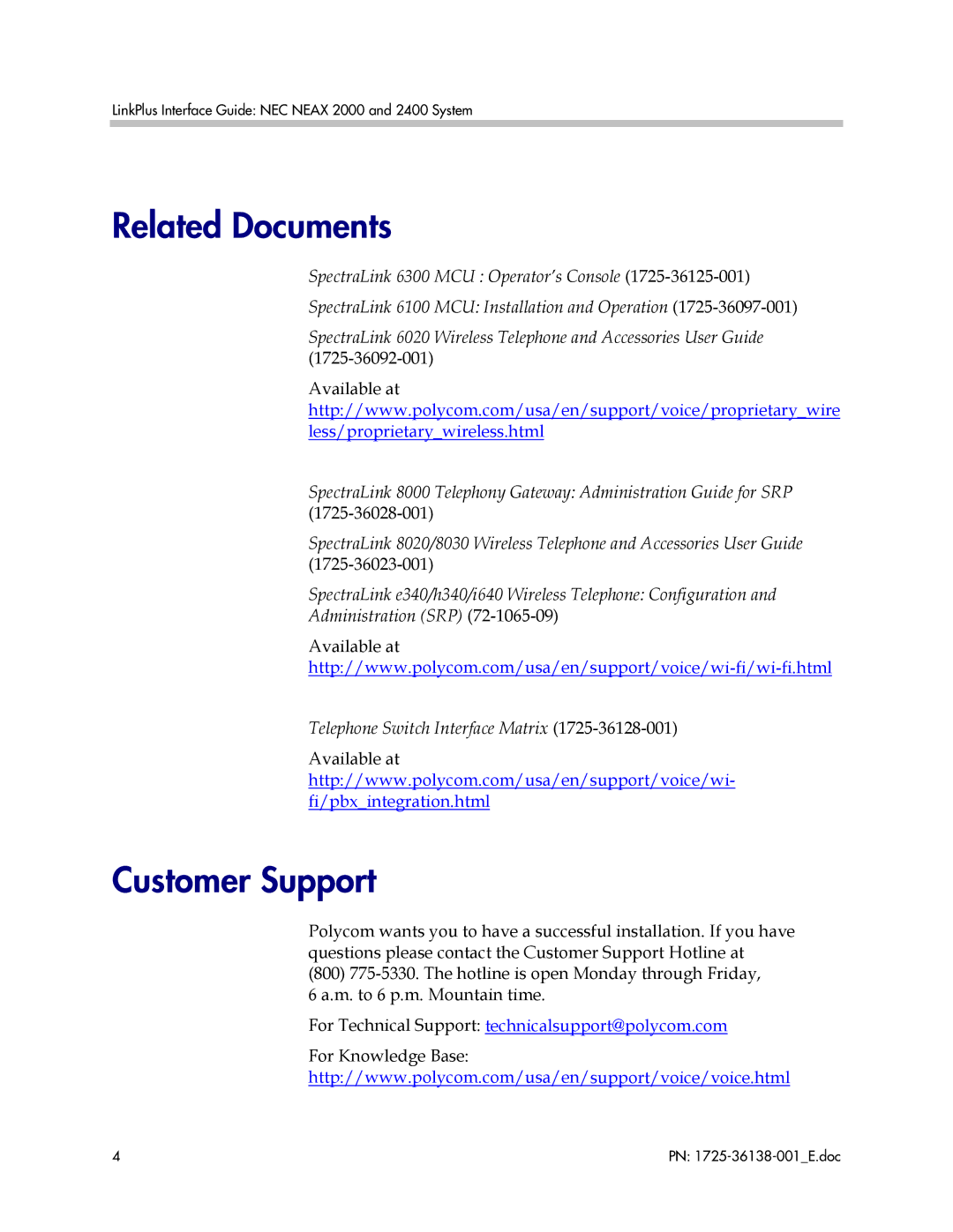 Polycom 2000, 2400 manual Related Documents, Customer Support 