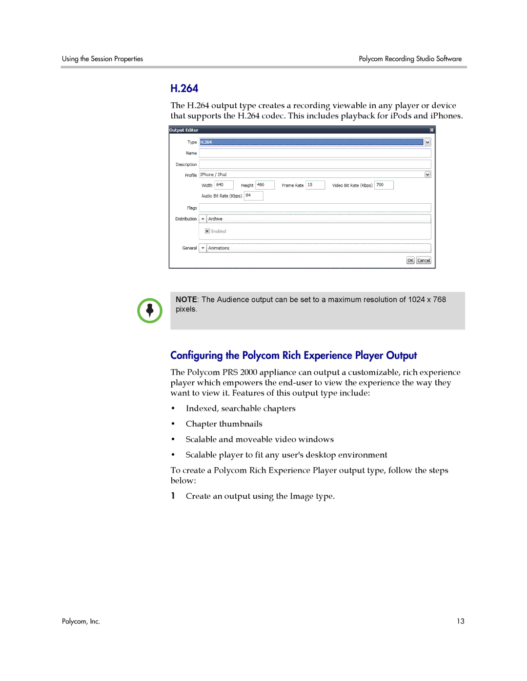 Polycom PRS 2000 manual 264, Configuring the Polycom Rich Experience Player Output 