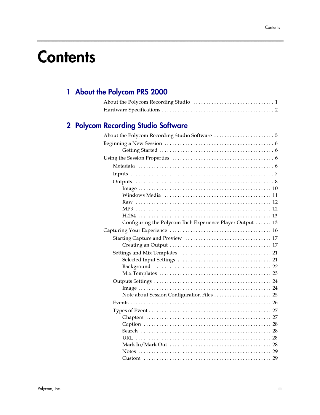 Polycom PRS 2000 manual Contents 