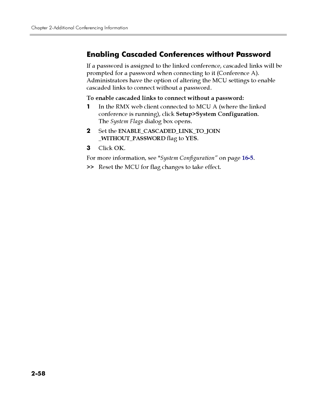 Polycom 2000/4000 Enabling Cascaded Conferences without Password, To enable cascaded links to connect without a password 