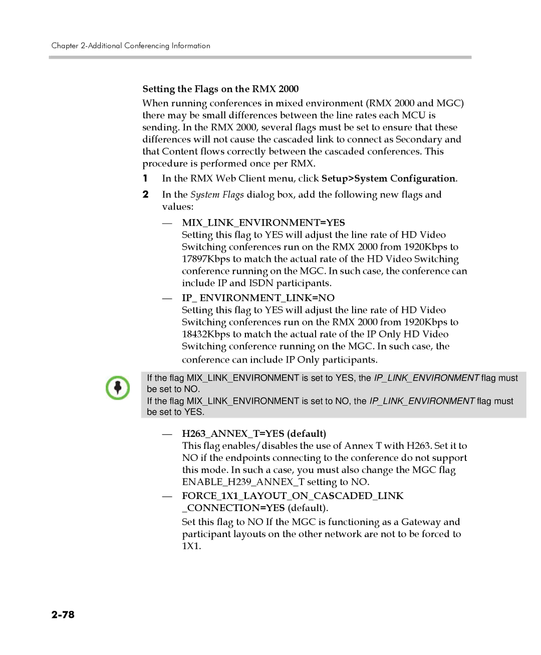 Polycom 2000/4000 manual Setting the Flags on the RMX, H263ANNEXT=YES default 