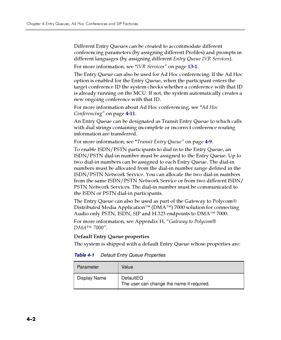 Polycom 2000/4000 manual Default Entry Queue properties, Parameter Value 