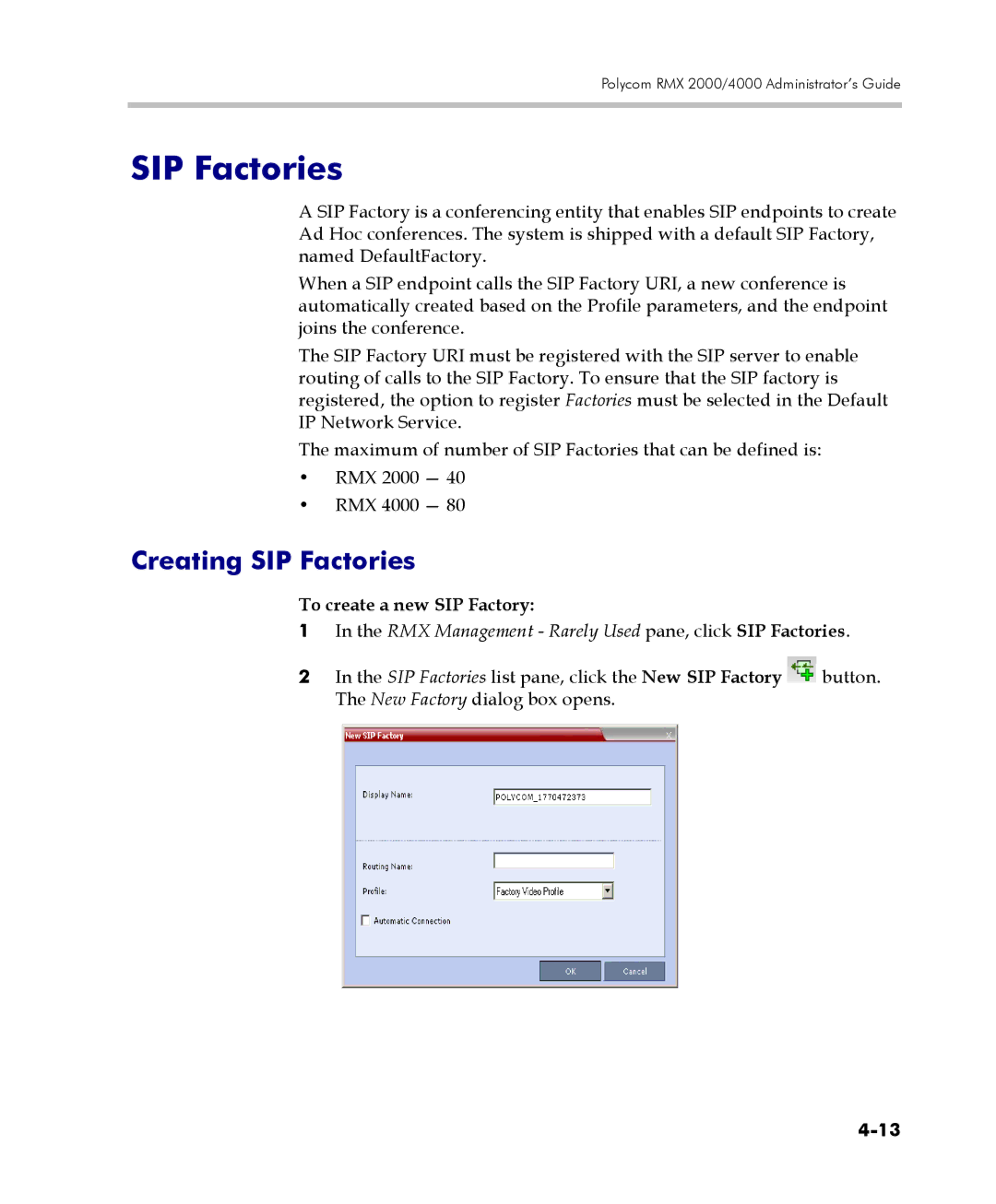 Polycom 2000/4000 manual Creating SIP Factories, To create a new SIP Factory 