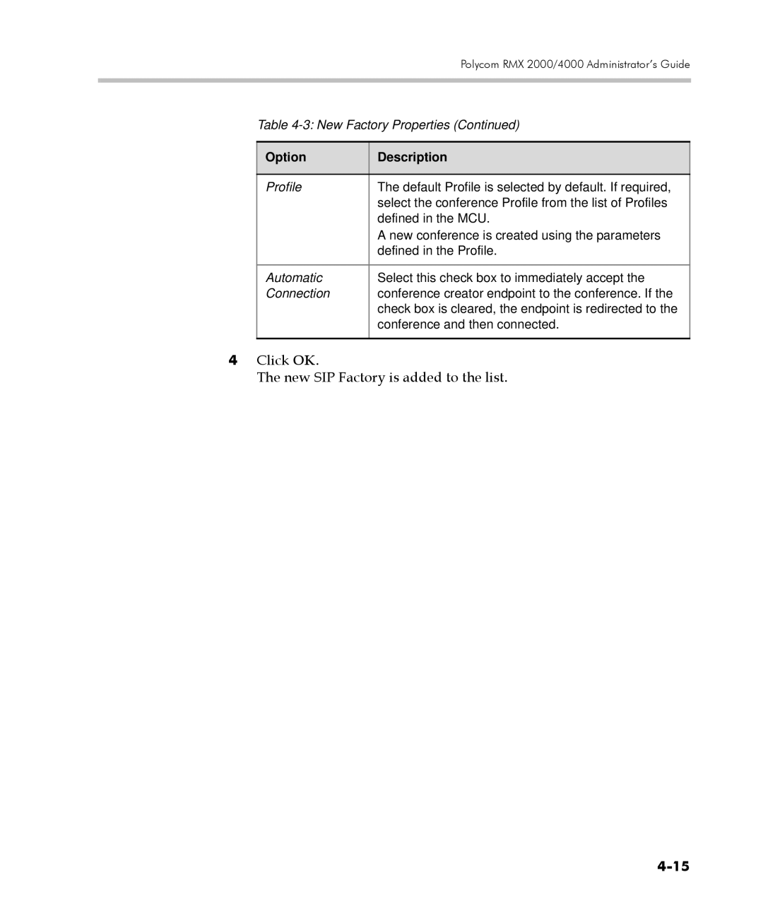 Polycom 2000/4000 manual Click OK New SIP Factory is added to the list 