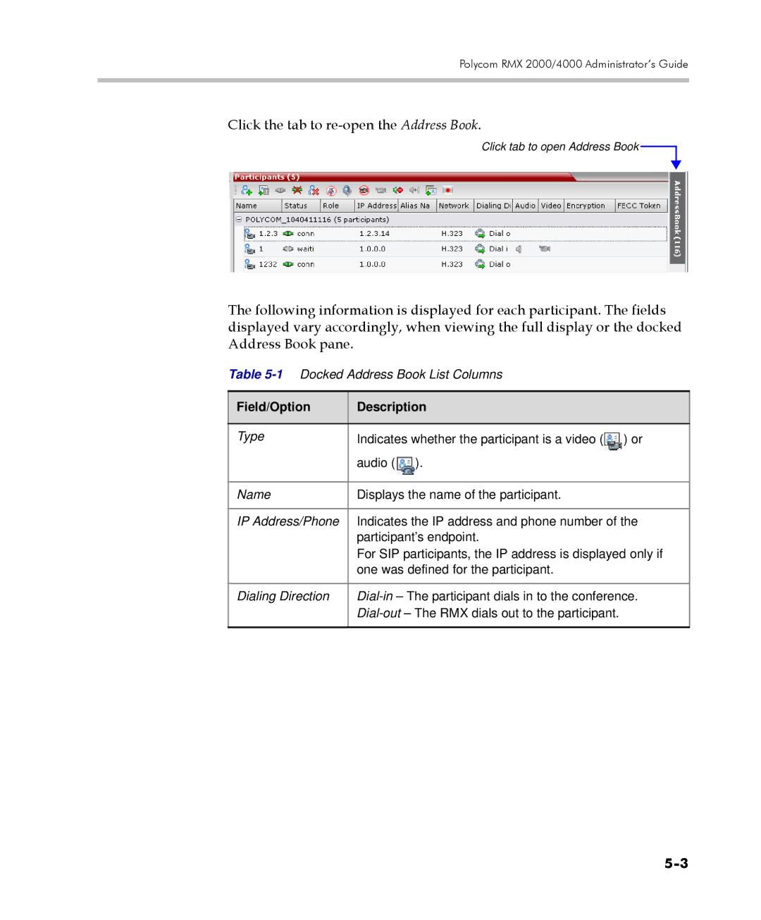 Polycom 2000/4000 manual Click the tab to re-open the Address Book, Field/Option Description 