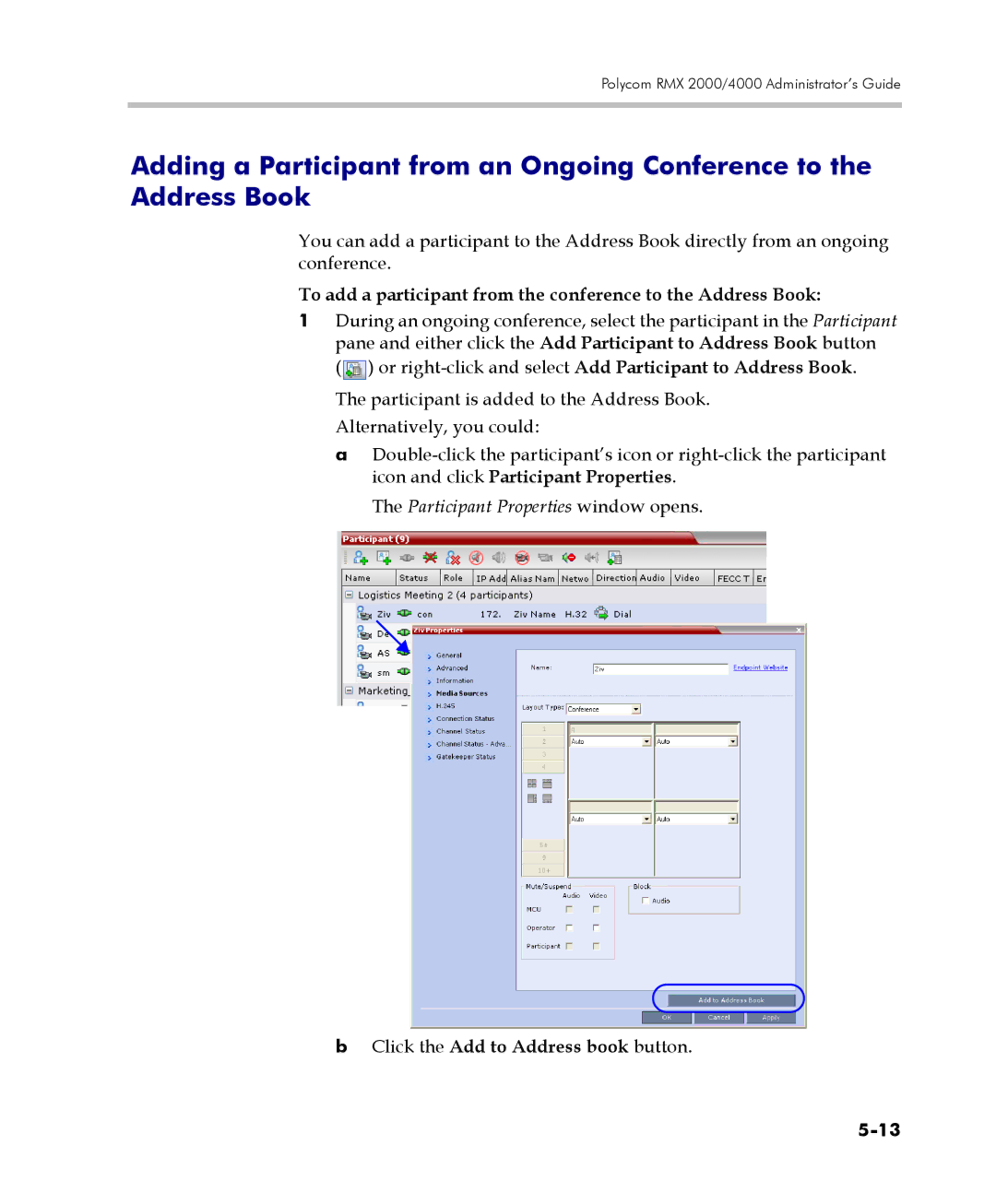 Polycom 2000/4000 manual Participant Properties window opens, Click the Add to Address book button 