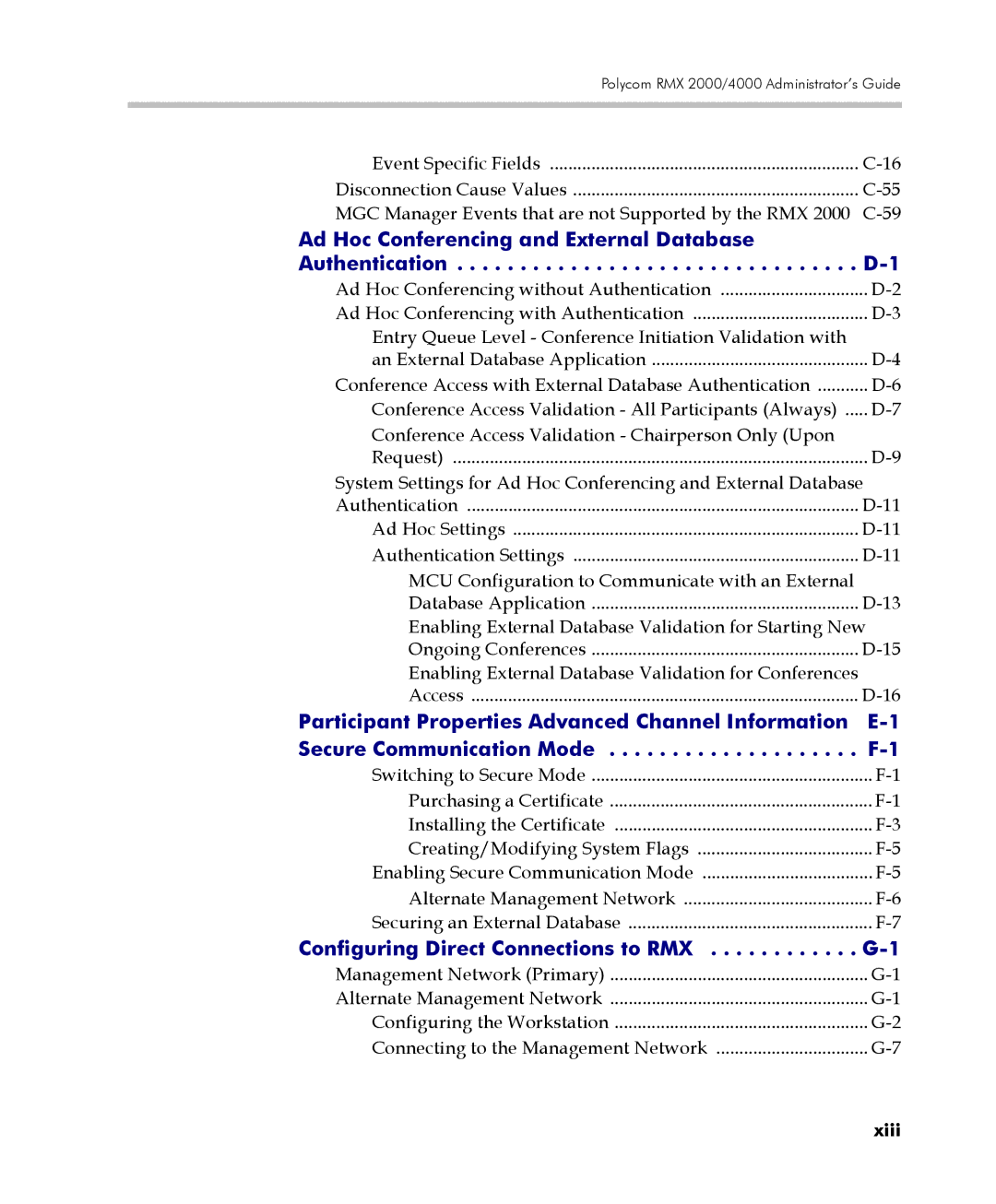 Polycom 2000/4000 manual Ad Hoc Conferencing and External Database Authentication, Xiii 
