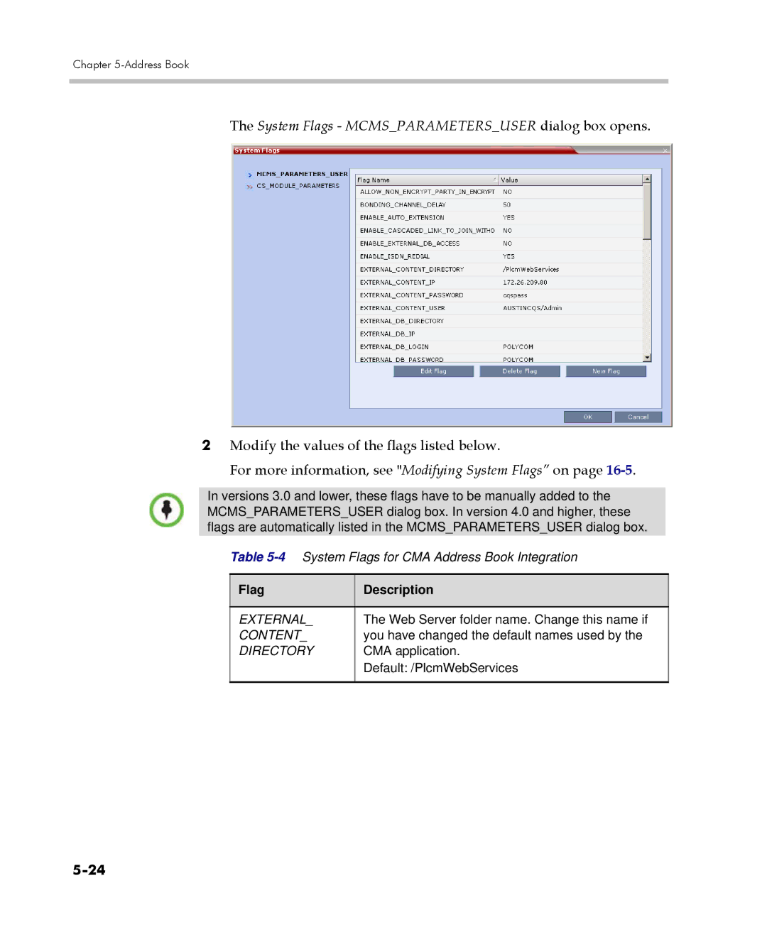 Polycom 2000/4000 manual System Flags Mcmsparametersuser dialog box opens, Flag Description, External, Content, Directory 