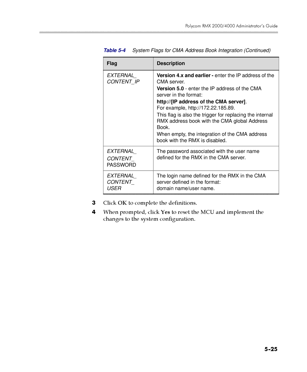 Polycom 2000/4000 manual Contentip, Http//IP address of the CMA server, Password External, User 